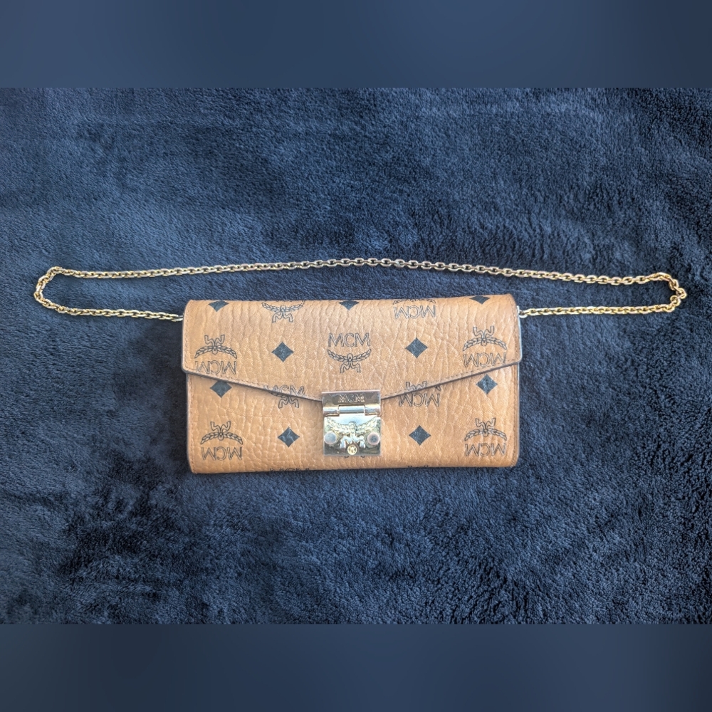 MCM Tan Clutch with Signature Monogram and Chain Strap